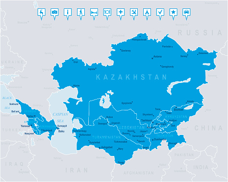 Map of Caucasus and Central Asia - states, cities,  icons