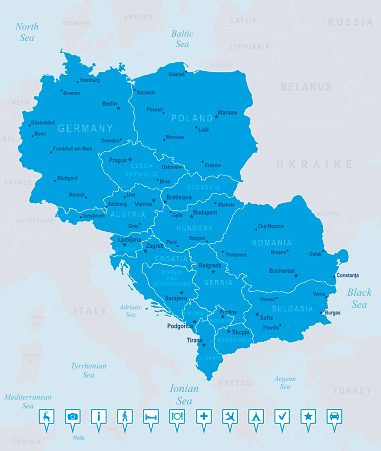 Map of Central Europe - states, cities, navigation icons