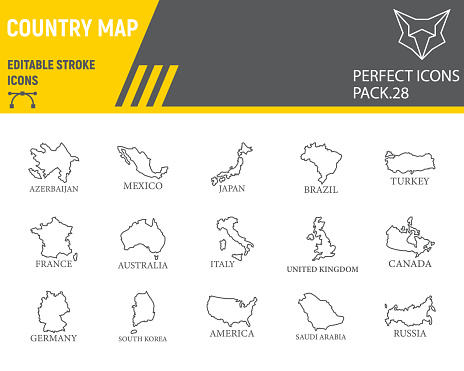 Map of country line icon set, country collection, vector sketches, logo illustrations, map countries icons, travel signs linear pictograms, editable stroke