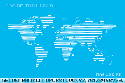 map of dots world, led uppercase English alphabet, number  vector illustration