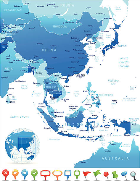 Map of East Asia - countries, cities and navigation icons Highly detailed vector map of East Asia with countries, capitals and big cities. china east asia stock illustrations