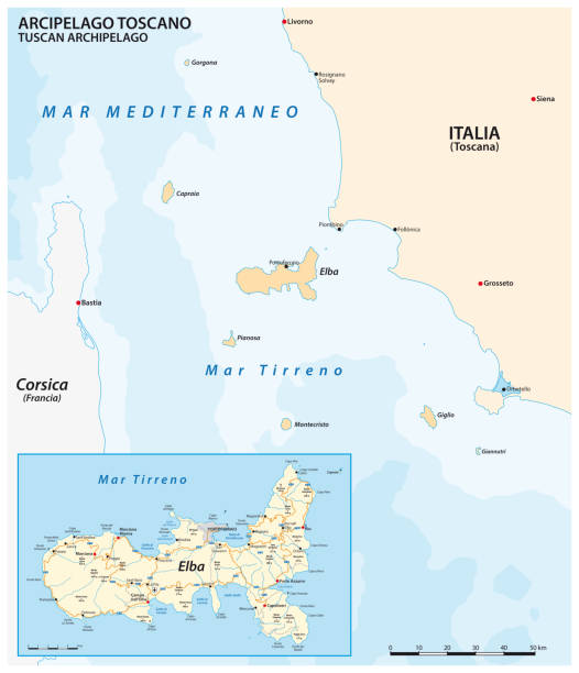 illustrazioni stock, clip art, cartoni animati e icone di tendenza di mappa dell'isola d'elba e dell'arcipelago toscano, italia - isola d'elba
