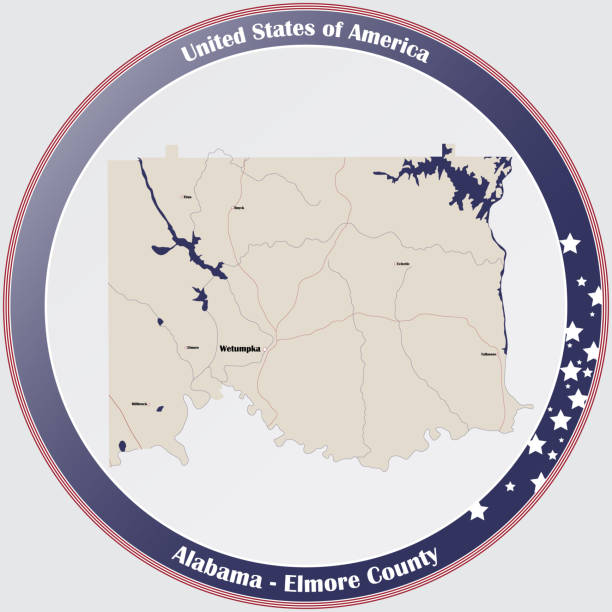 Map of Elmore County in Alabama Round button with detailed map of Elmore county in Alabama, USA. elmore stock illustrations