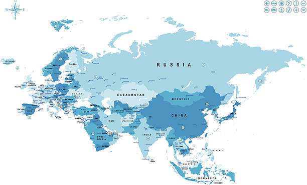 Map of Eurasia with countries and major cities marked http://dikobraz.org/map_2.jpg russia stock illustrations