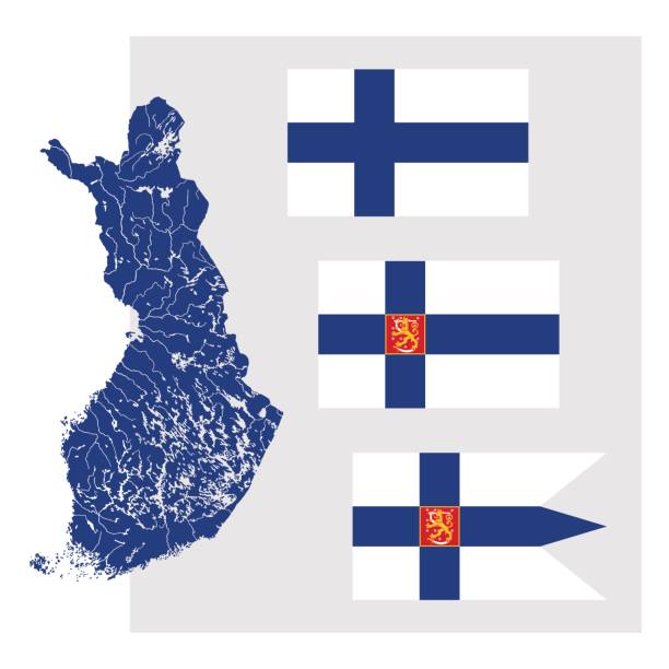 illustrazioni stock, clip art, cartoni animati e icone di tendenza di mappa della finlandia con laghi e fiumi e tre bandiere finlandesi. - finlandia laghi