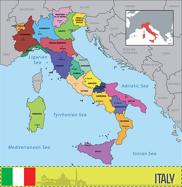 illustrazioni stock, clip art, cartoni animati e icone di tendenza di mappa di italia con regioni e i loro capitali - bologna roma