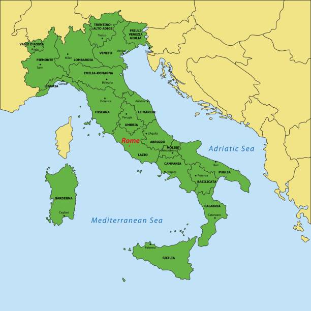 illustrazioni stock, clip art, cartoni animati e icone di tendenza di mappa di italia con regioni e i loro capitali - bologna roma