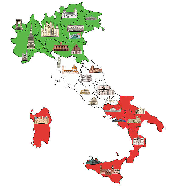 illustrazioni stock, clip art, cartoni animati e icone di tendenza di mappa di italia con viste in acquerello - mole antonelliana