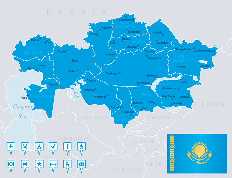 Map of Kazakhstan - states, cities, flag, navigation icons