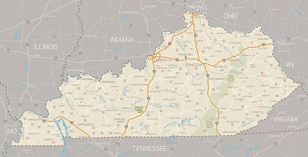 Map of Kentucky with surrounding states A detailed map of Kentucky state with cities, roads, major rivers, and lakes plus National Forests. Includes neighboring states and surrounding water.  kentucky stock illustrations