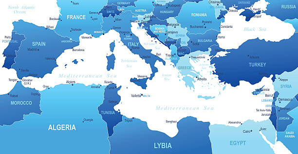 Map of Mediterranean - states and cities Highly detailed vector map of Mediterranean with states, capitals and big cities mediterranean sea stock illustrations