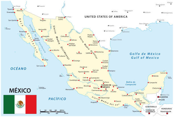 ulusal sınırlara, ana şehirlere ve nehirlere sahip meksika haritası - tijuana stock illustrations