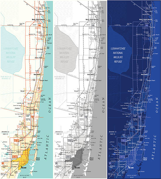Map Of Miami High detailed vector illustration of map of Miami in color, grayscale and blueprint.  map of florida beaches stock illustrations