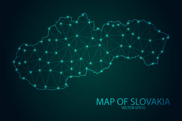 Map of Slovakia - With glowing point and lines scales on The Dark Gradient Background, 3D mesh polygonal network connections Map of Slovakia - With glowing point and lines scales on The Dark Gradient Background, 3D mesh polygonal network connections. Vector illustration eps10. slovakia stock illustrations
