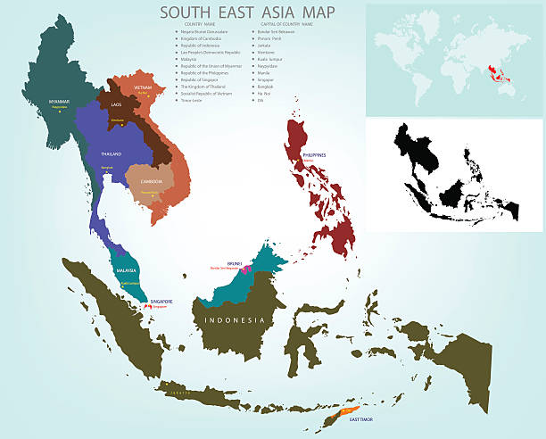 stockillustraties, clipart, cartoons en iconen met map of south east asia split color country - association of southeast asian nations