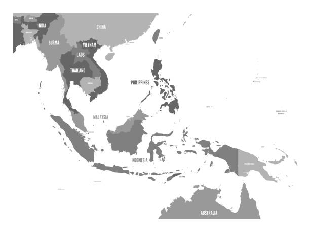 stockillustraties, clipart, cartoons en iconen met kaart van zuidoost-azië. vector kaart in schaduwen van grijs - association of southeast asian nations