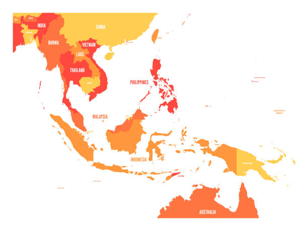 stockillustraties, clipart, cartoons en iconen met kaart van zuidoost-azië. vector kaart in tinten van oranje - association of southeast asian nations