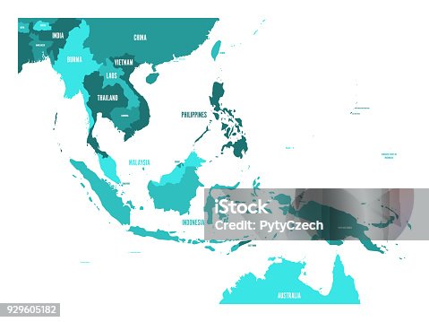 istock Map of Southeast Asia. Vector map in shades of turquoise blue 929605182