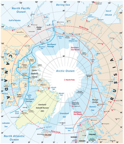Map of the Arctic region, the northwest passage and the northern sea route  arctic stock illustrations