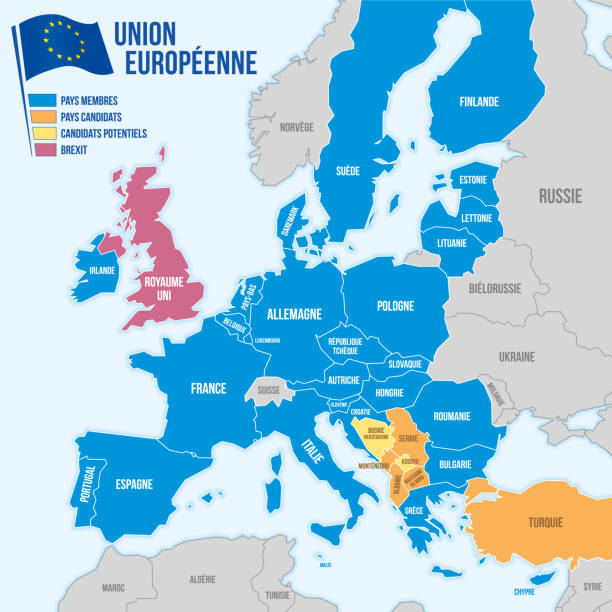 Map of the European Union in french language Colored map of the European Union in french language. French texts french language stock illustrations