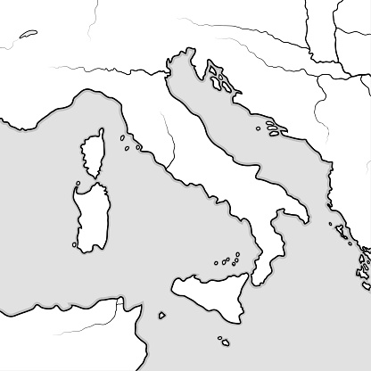 Map of The ITALIAN Lands: Italy, Tuscany, Lombardy, Sicily, Liguria, Umbria, Campania, Neapolitania, The Apennines, Italian Peninsula, Adriatic & Tyrrhenian Sea. Geographic chart with large islands.