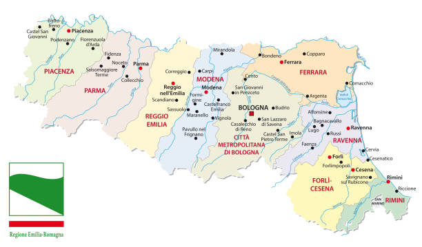 map of the italian region emilia romagna with provinces and flag map of the italian region emilia romagna with provinces and flag emilia romagna stock illustrations