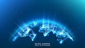 Map of the planet. Rays of energy.  World map. Global social network. Future. Vector. Blue futuristic background with planet Earth. Internet and technology. Floating blue plexus geometric background.