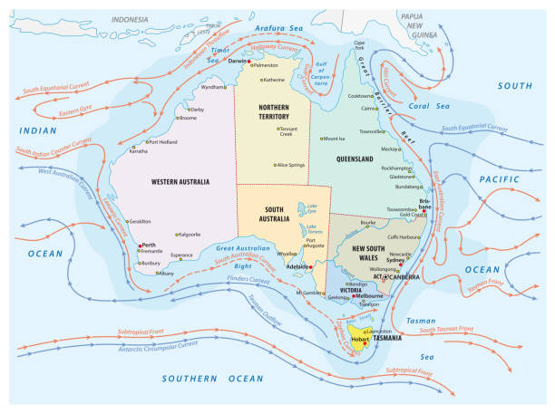 mapa morza i prądów przybrzeżnych w regionie australii - great barrier reef stock illustrations