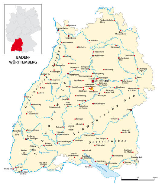 карта штата баден-вюртемберг на немецком языке - freiburg stock illustrations