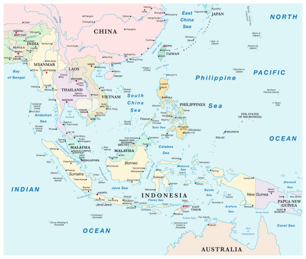 stockillustraties, clipart, cartoons en iconen met kaart van de staten van zuidoost-azië. - association of southeast asian nations