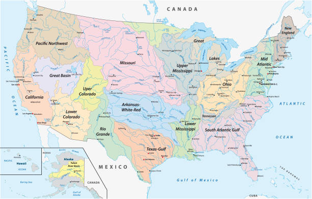 Map of the watersheds in the United States Map of the watersheds in the United States river borders stock illustrations