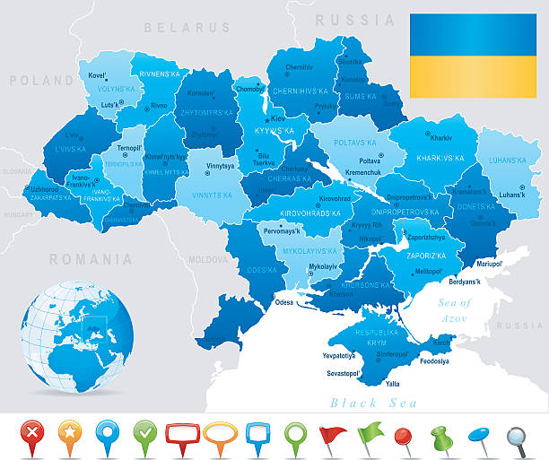 ilustrações de stock, clip art, desenhos animados e ícones de mapa da ucrânia-membros, cidades, bandeira e ícones - kharkiv
