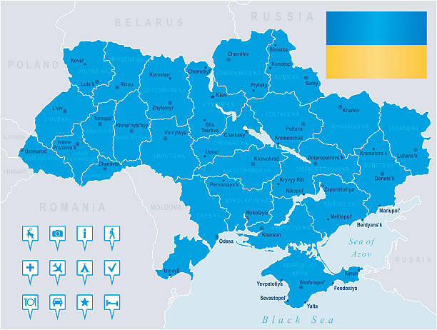 karte von ukraine-staaten, städte, flagge, navigation symbole - ukraine stock-grafiken, -clipart, -cartoons und -symbole
