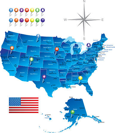 Detailed USA map with navigation icons. vector