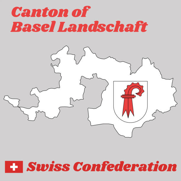 Map outline and Coat of arms of Basel-Landschaft, The canton of Switzerland with name text Canton of Basel Landschaft. Map outline and Coat of arms of Basel-Landschaft, The canton of Switzerland with name text Canton of Basel Landschaft and Swiss Confederation. basel landschaft canton stock illustrations