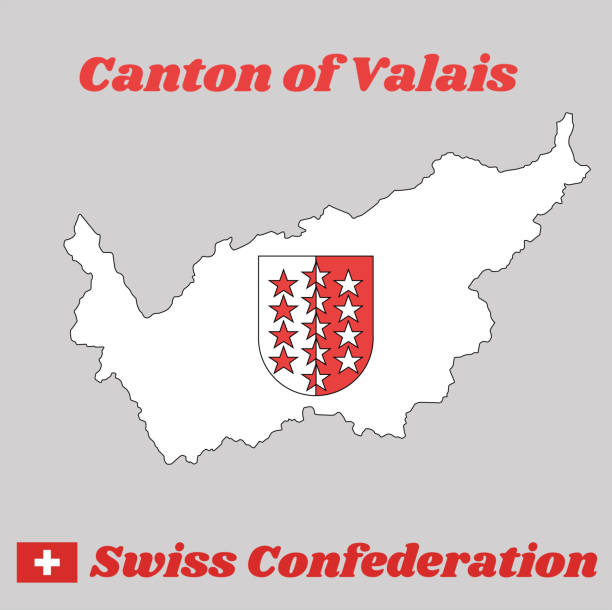 Map outline and Coat of arms of Wallis, The canton of Switzerland with name text Canton of Valais. Map outline and Coat of arms of Wallis, The canton of Switzerland with name text Canton of Valais and Swiss Confederation. valais canton stock illustrations