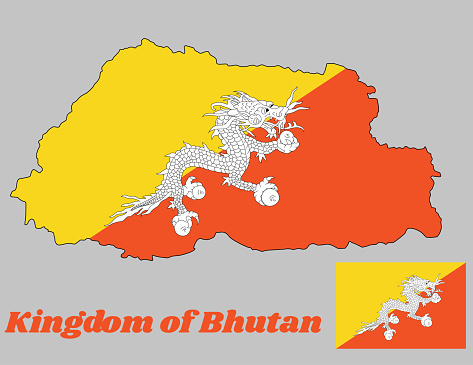Map outline and flag of Bhutan, triangle yellow and orange, with a white dragon holding four jewels in its claws centered. with name text Kingdom of Bhutan.