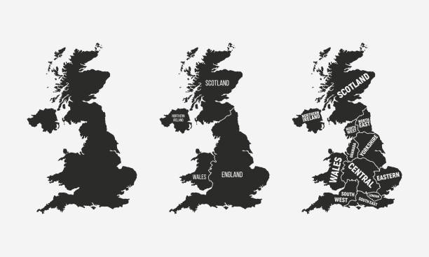 영국 지도 세트. 국가 및 지역 이름이 있는 영국지도. 영국 배경. 벡터 일러스트레이션 - manchester united stock illustrations