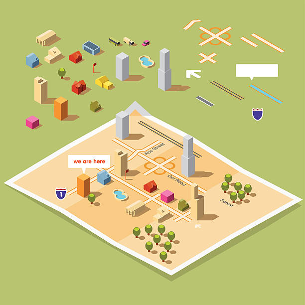 map toolkit 30° build your own isometric "We have moved" or "We are here" map city clipart stock illustrations