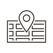 istock Map with city streets and gps pin location. Vector thin line icon for concepts of map navigation, street, stores and restaurants finder 1342347234