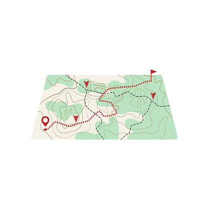 Map with dotted line route to place of destination. Design with flags and markers. Military map, simple navigation plan. Transportation, travel, moving concept. Flat icon isolated on white background