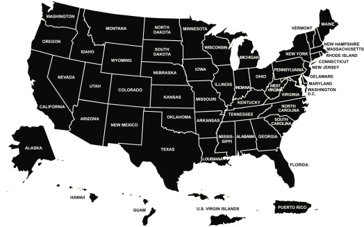 US map with its territories in black and white