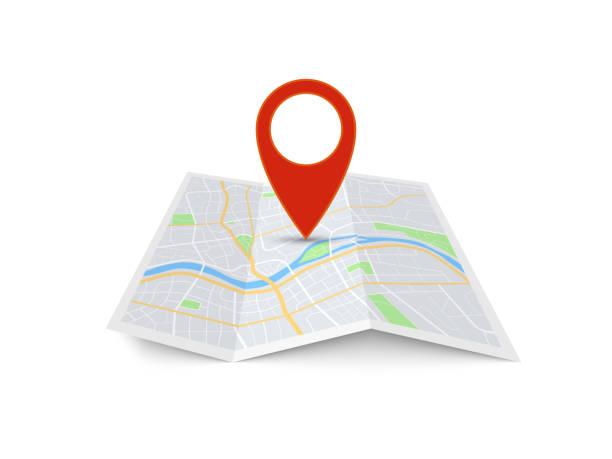 Map with pin. Red direction pointer on folded city map, gps navigation and travel location vector 3d icon Map with pin. Red direction pointer on folded city map, gps navigation and travel location vector position search sticker 3d icon folded stock illustrations