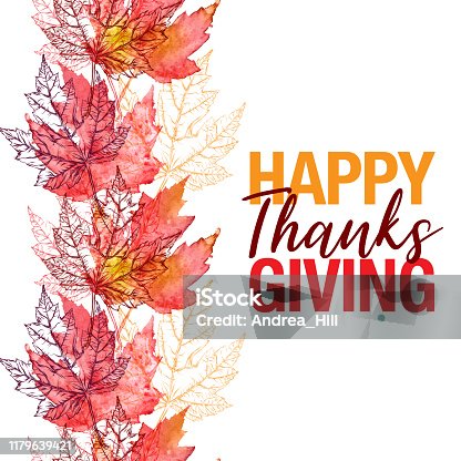 istock Maple Leaf Vector Watercolor and Ink Seamless Pattern with Happy Thanksgiving Greeting 1179639421