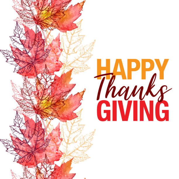 illustrations, cliparts, dessins animés et icônes de maple leaf vector aquarelle et encre seamless pattern avec happy thanksgiving salutation - thanksgiving