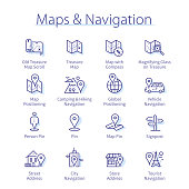 Maps & navigation pack. Travel maps, location pins, route directions, global positioning, vehicle navigation, signpost thin line icons set. Cartography isolated linear flat vector illustrations
