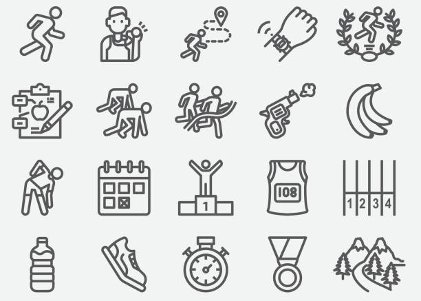 Marathon and Road Running Line Icons Marathon And Road Running Line Icons running icons stock illustrations