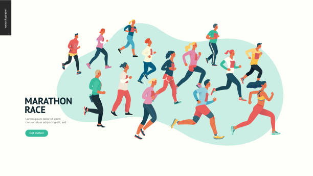 illustrazioni stock, clip art, cartoni animati e icone di tendenza di gruppo di gare di maratona - jogging