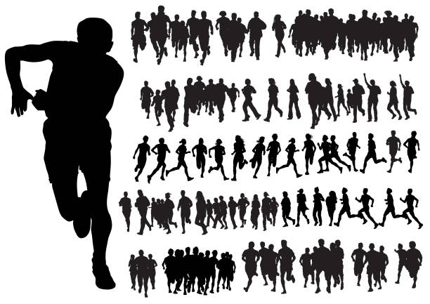 Marathon run people Woman and men athletes on running race on white background running silhouettes stock illustrations