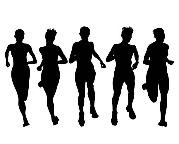Marathons girls Young athletes run a marathon. Isolated silhouettes on white background running silhouettes stock illustrations